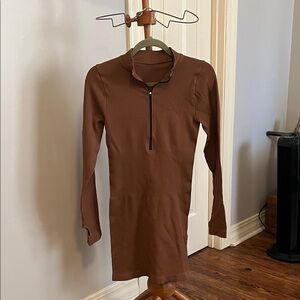 Chic Brown Long Sleeve Dress with Zip Detail